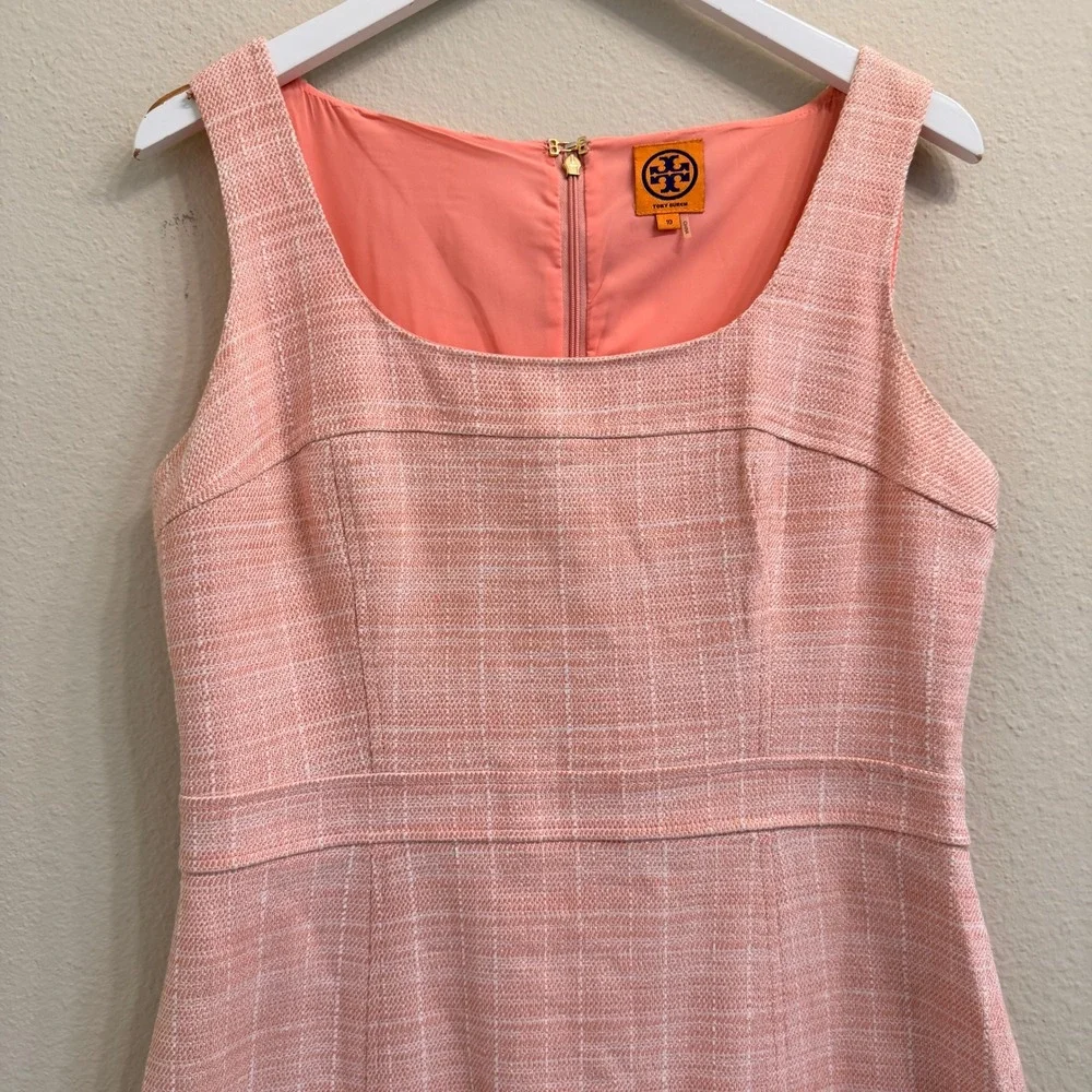 Tory Burch Tweed Sheath Dress Sleeveless Square Neck Size 10 Coral Pink